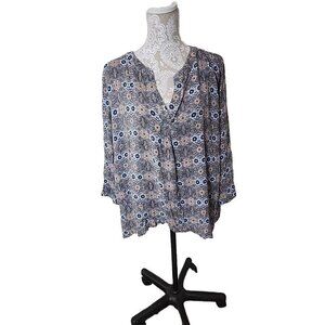 Adrienne Vittadini Womens Plus Blue Floral 3/4 Sleeve Blouse Top 3X